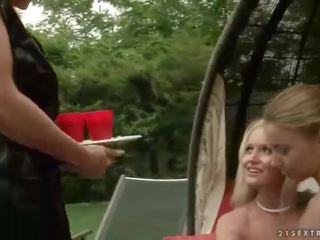 Two girlfriends punishing sexy blonde