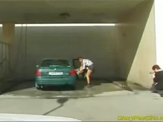 Trakas urinēt lassie pie the automašīna mazgāšana